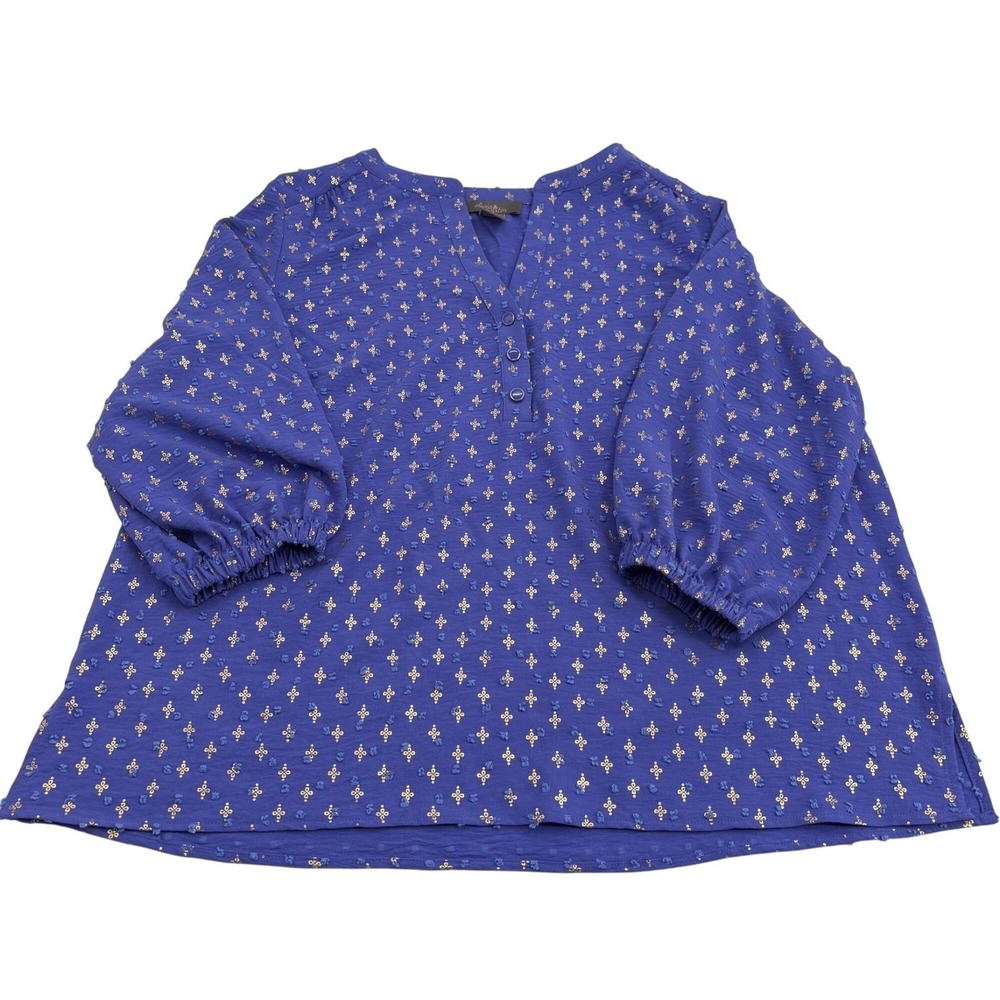Olivia & Martin 1X Women's Blue Blouse With Cross Pattern‎ Long Sleeves V-Neck